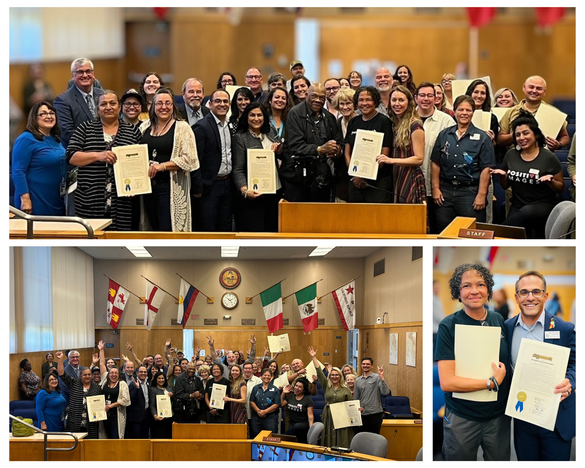 A collage of pictures of the Commission receiving a gold resolution by the Board of Supervisors