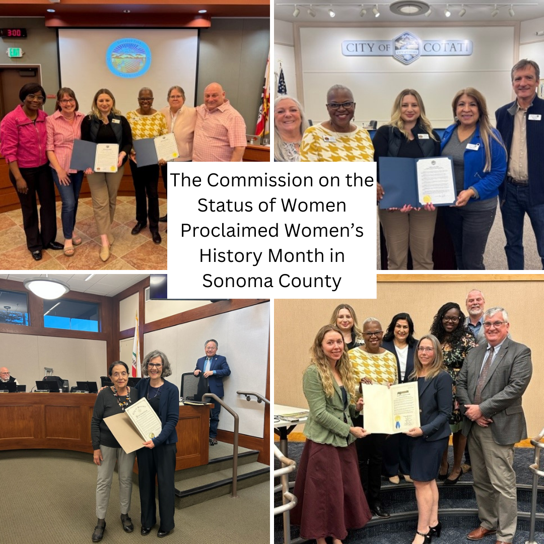 A Collage of four pictures of the Commission accepting a proclamation in honor of Women's History month